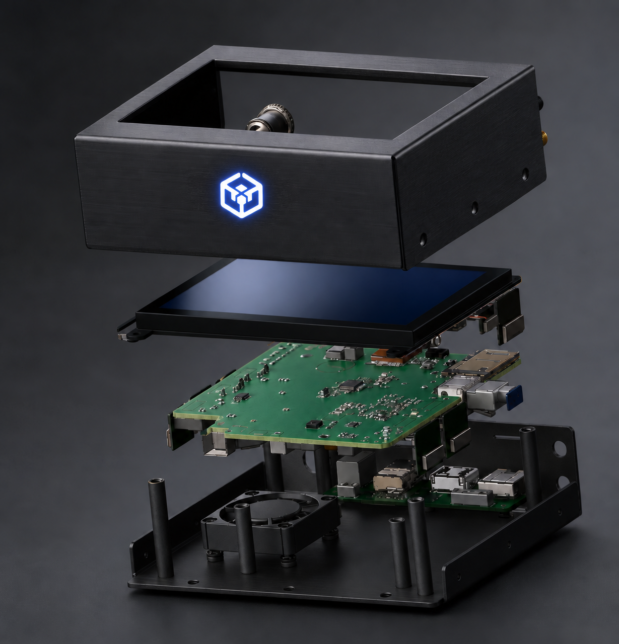 Realistic exploded assembly of Black Box Crypto™ hardware