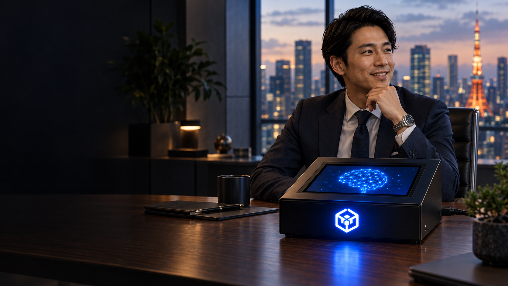 Black Box Crypto™ appliance on a desk overlooking Tokyo