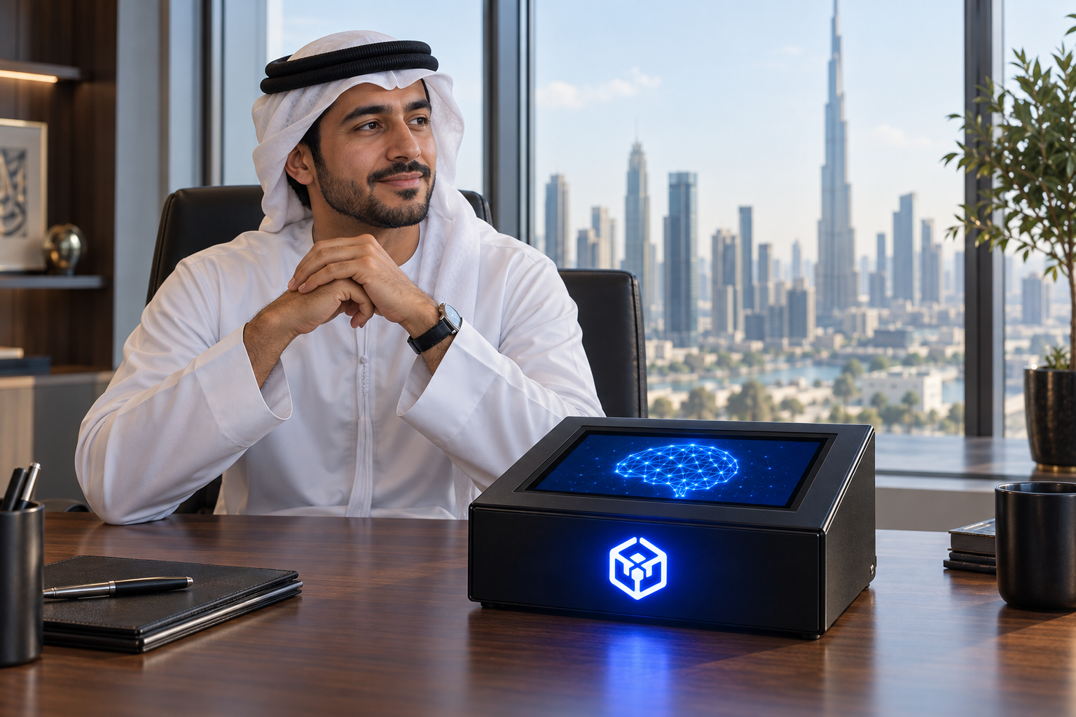Emirati business professional in a Dubai office with a Black Box Crypto™ appliance on the desk