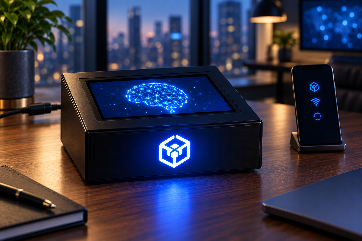 Black Box Crypto™ appliance and mobile phone on an office desk