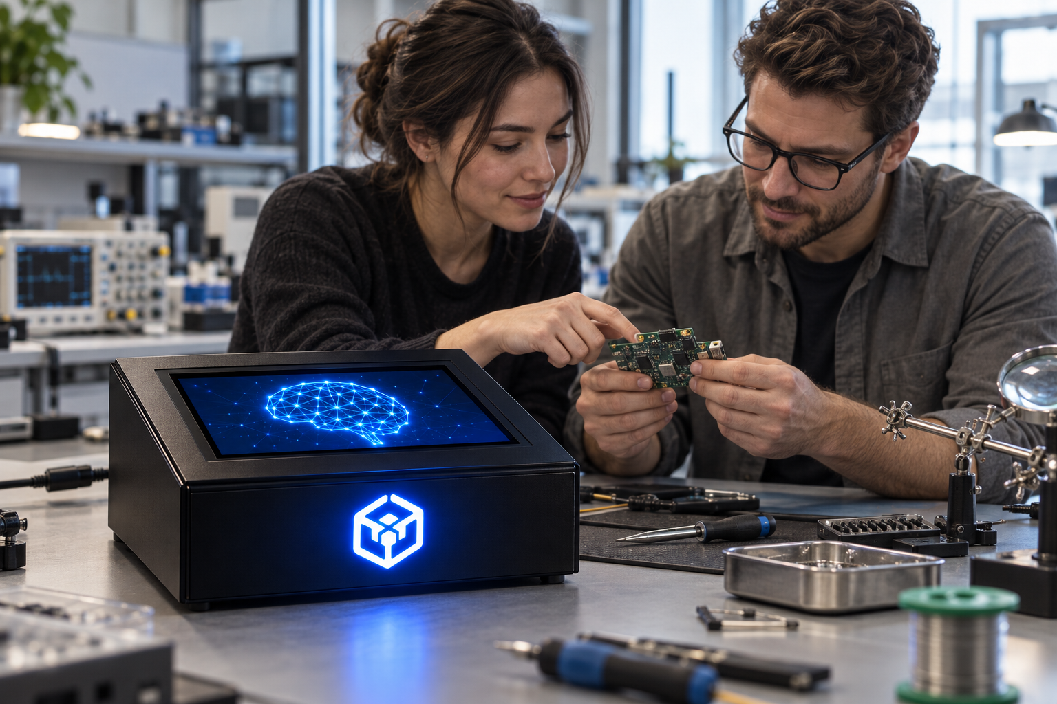Hardware engineers testing Black Box Crypto™ in an electronics laboratory